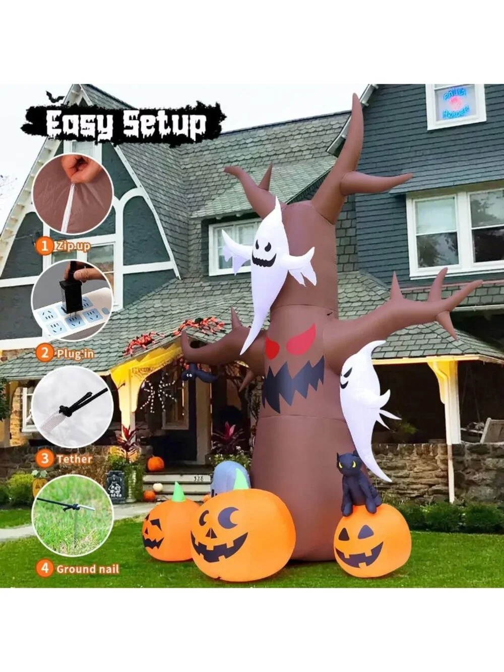 12 FT Halloween Inflatable Scary Dead Tree with Pumpkin & Ghost - LED Yard Decor
